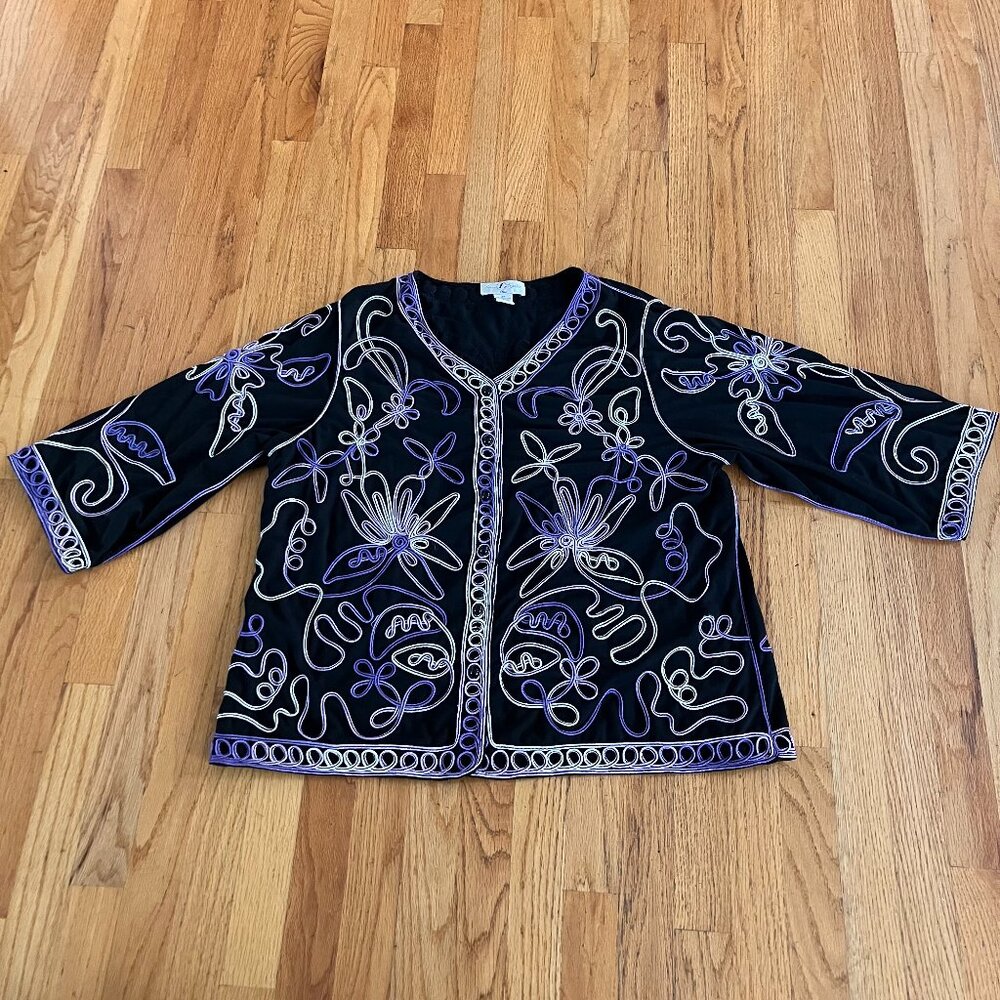 Once Again Jacket Top Women 2XL Cardigan Embroidery Black Purple Floral Art Wear